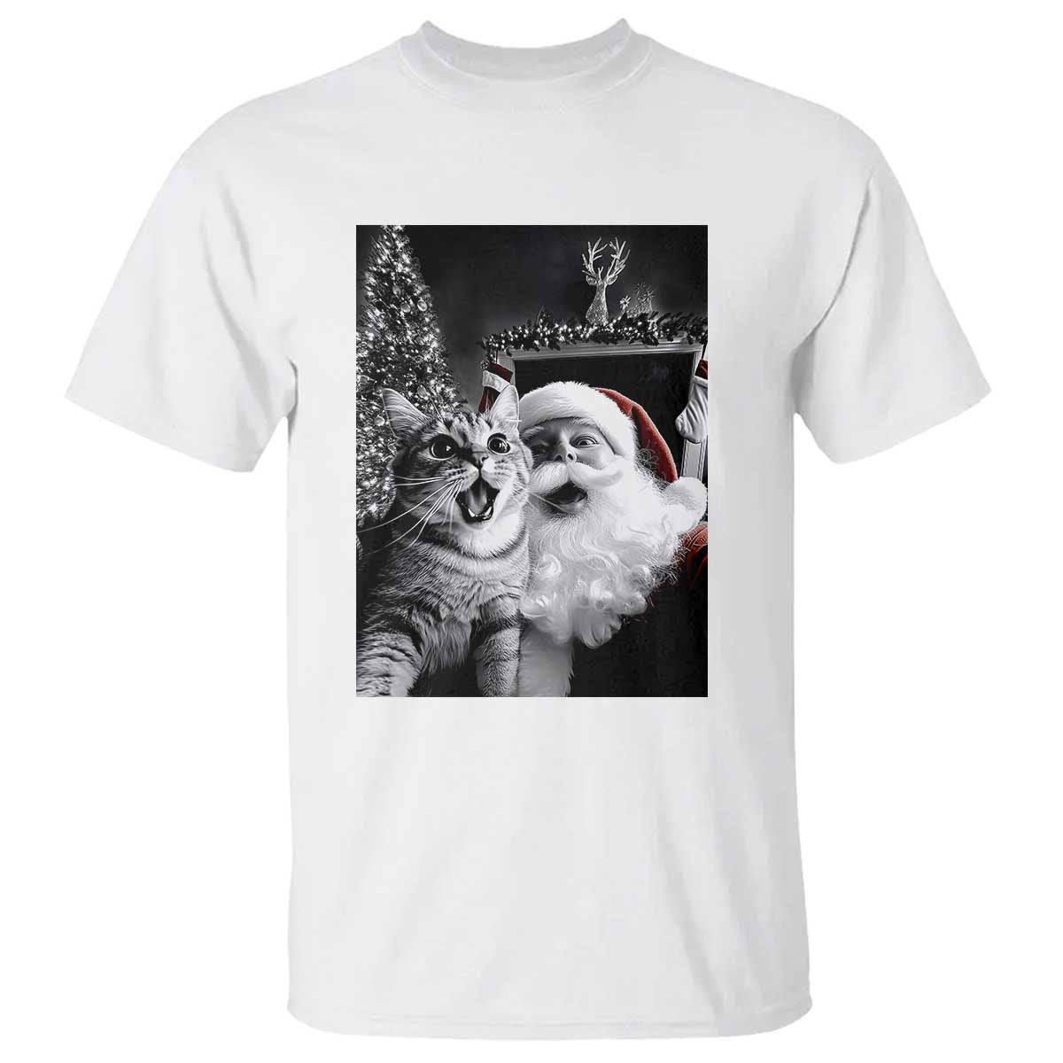 Funny Christmas Cat Selfie With Santa T Shirt - Wonder Print Shop