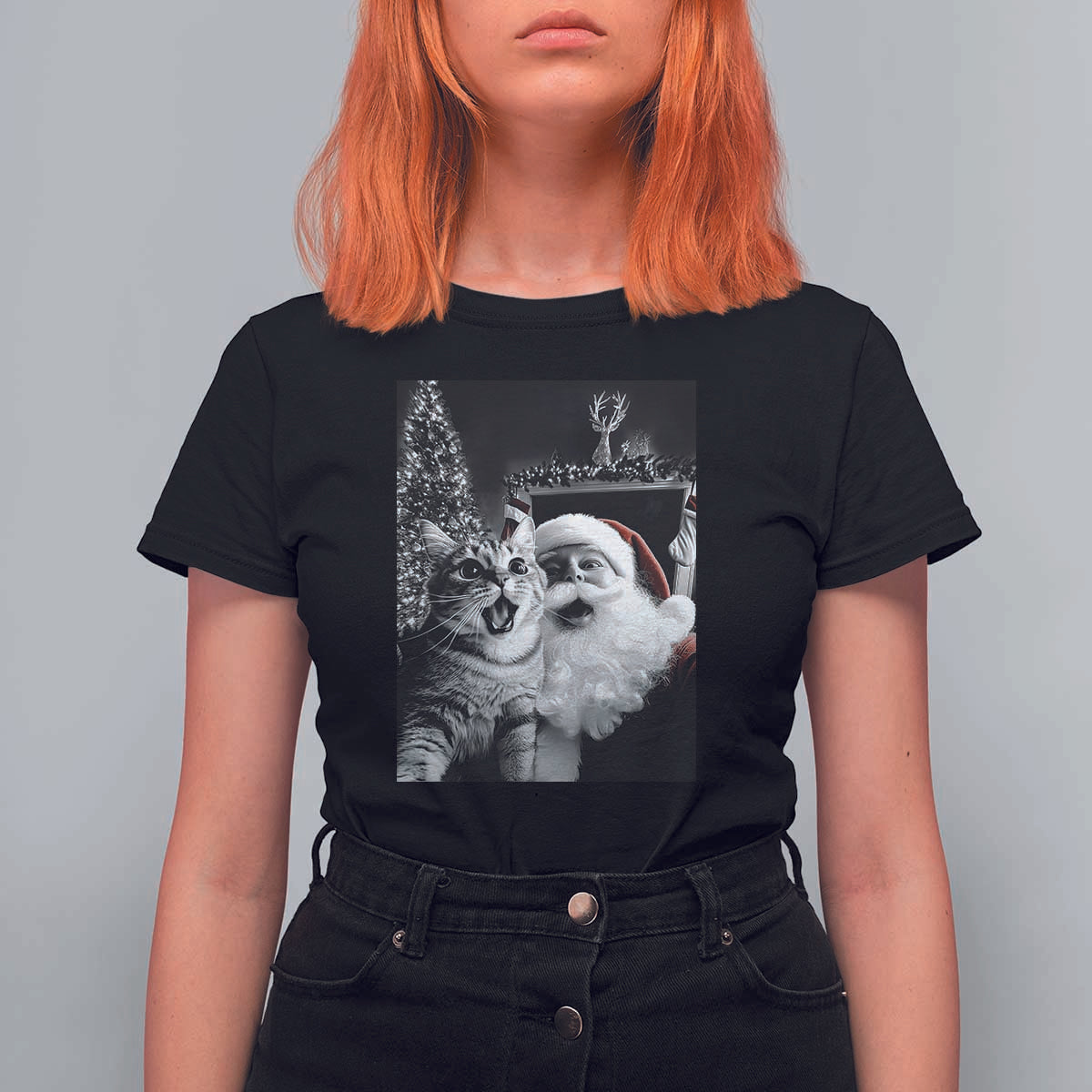 Funny Christmas Cat Selfie With Santa T Shirt For Women - Wonder Print Shop