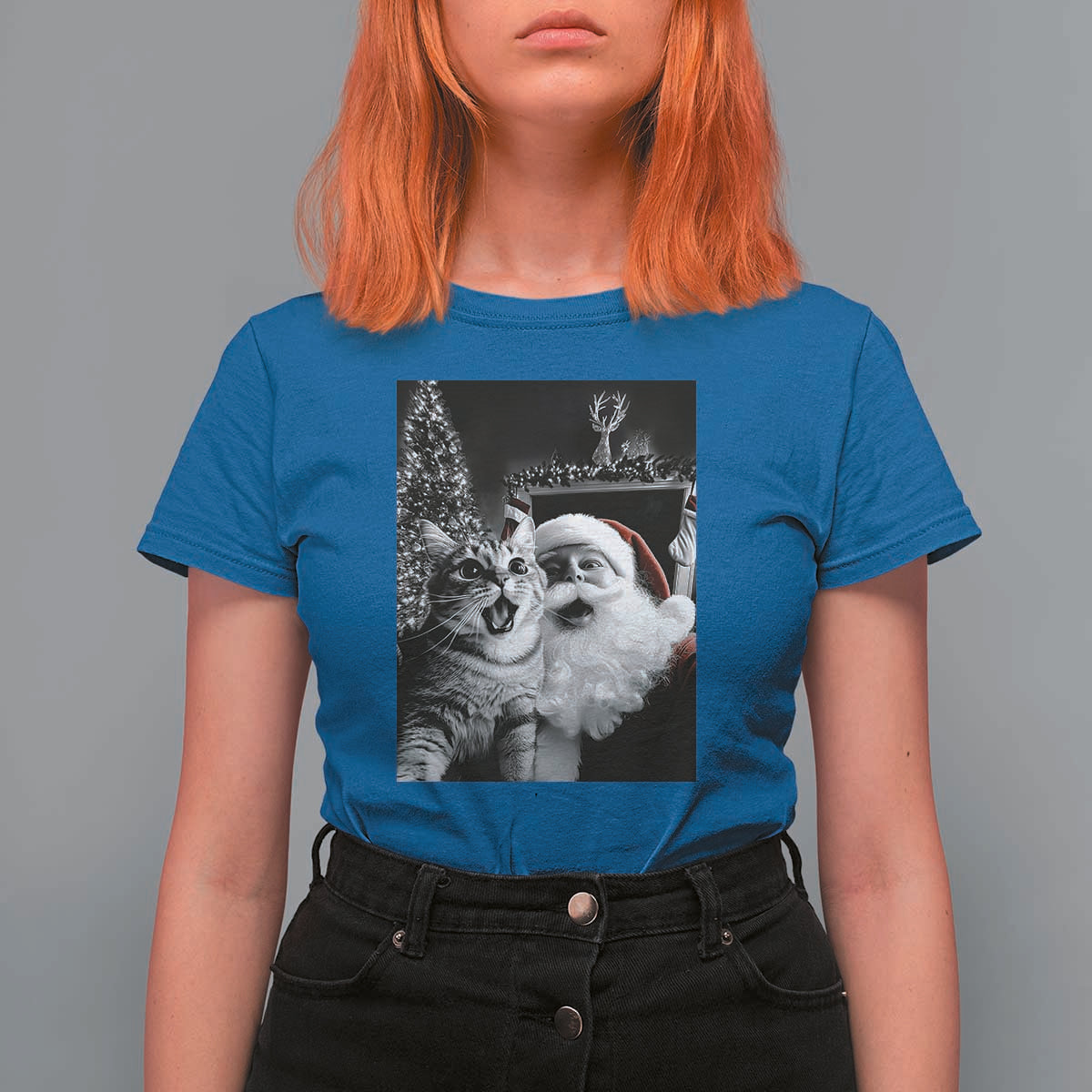 Funny Christmas Cat Selfie With Santa T Shirt For Women - Wonder Print Shop