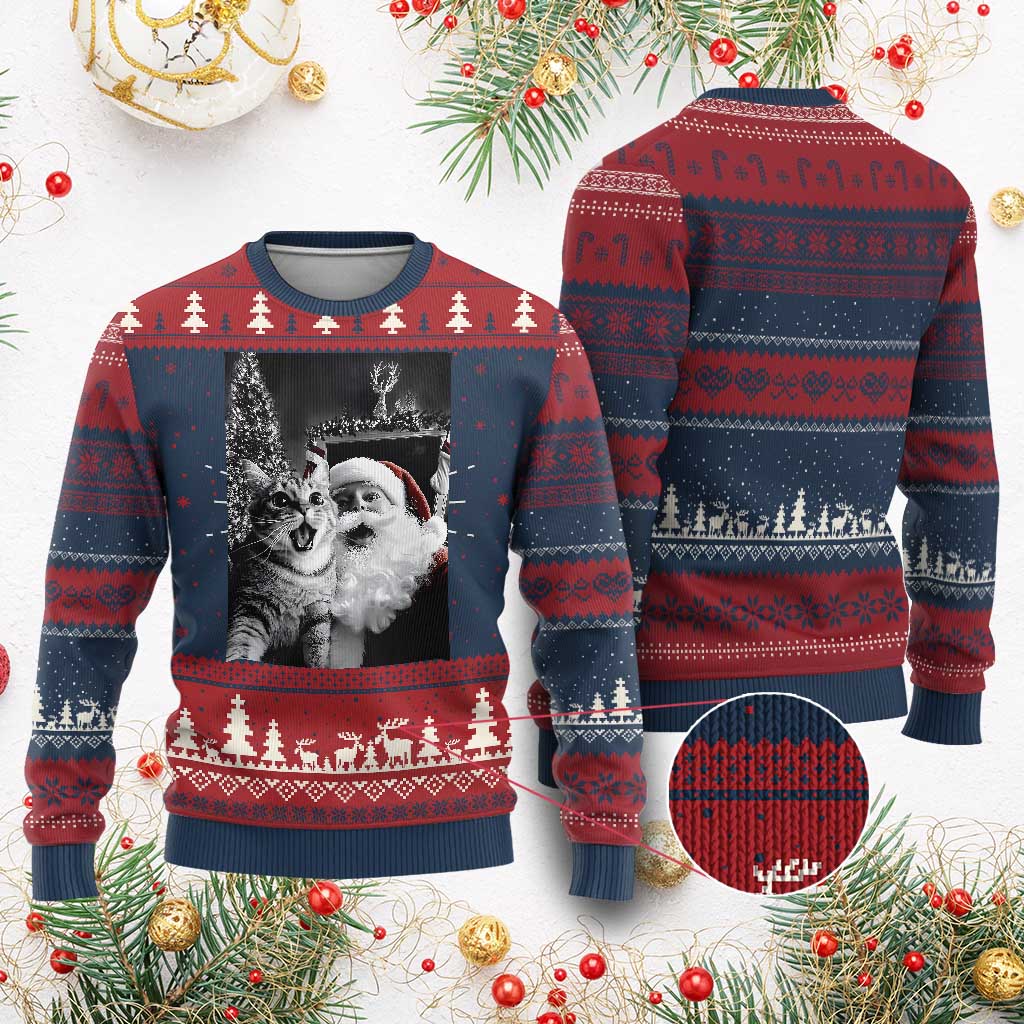 Funny Christmas Cat Selfie With Santa Ugly Christmas Sweater - Wonder Print Shop