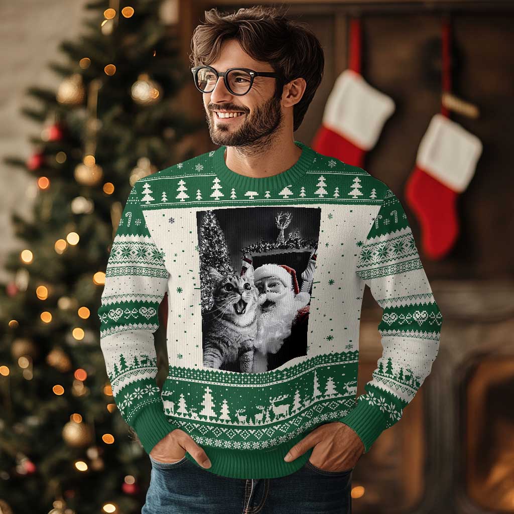Funny Christmas Cat Selfie With Santa Ugly Christmas Sweater - Wonder Print Shop