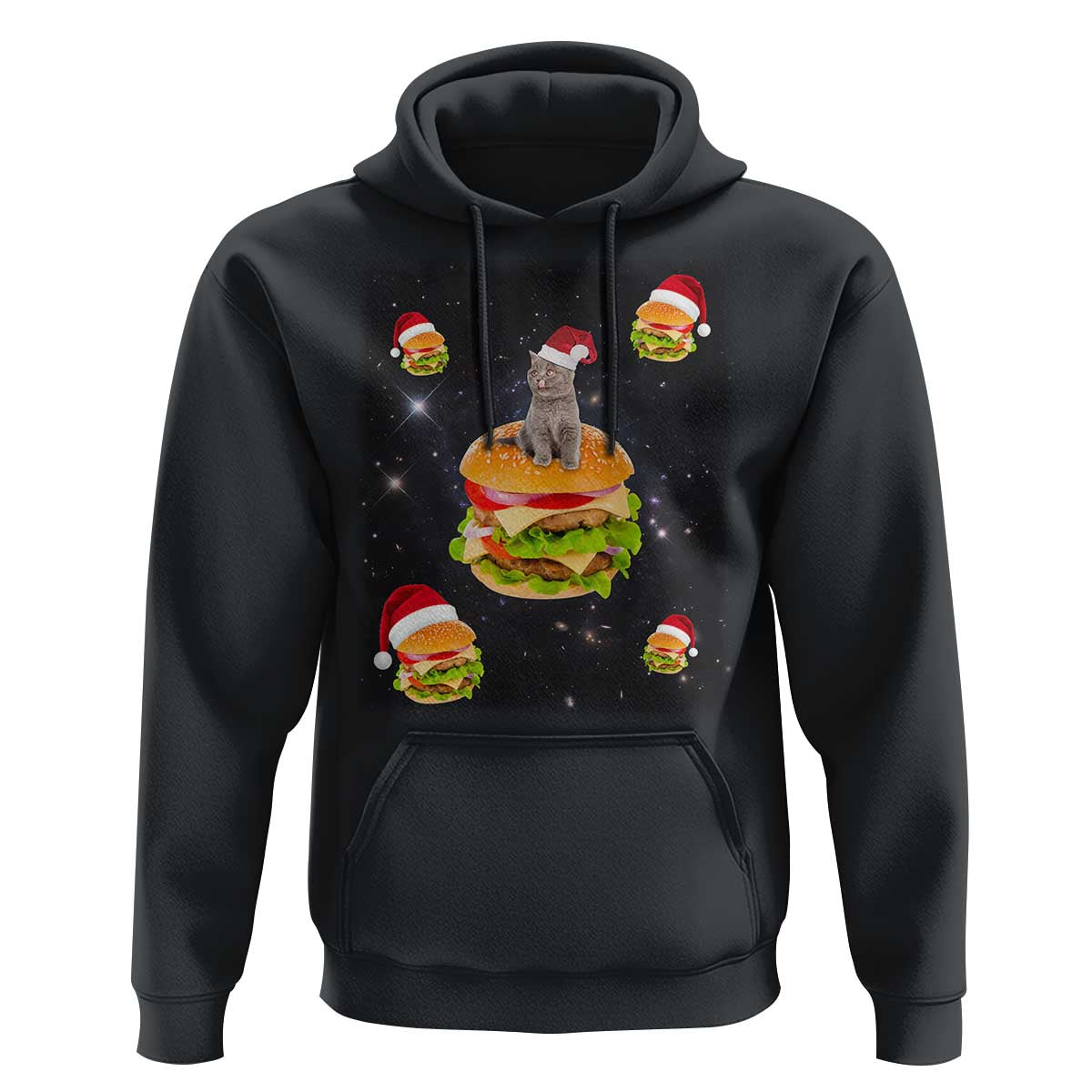 Funny Christmas Cat Hoodie Santa Cat Hamburger Lover Galaxy Outer Space