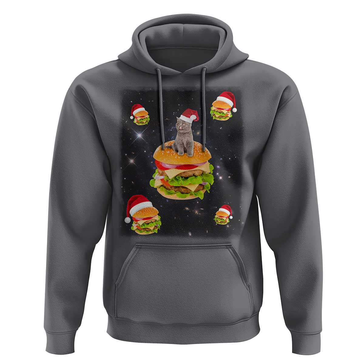Funny Christmas Cat Hoodie Santa Cat Hamburger Lover Galaxy Outer Space