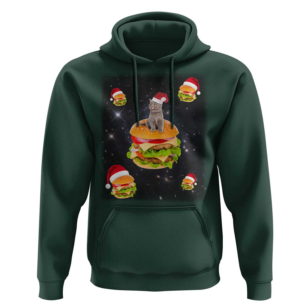 Funny Christmas Cat Hoodie Santa Cat Hamburger Lover Galaxy Outer Space