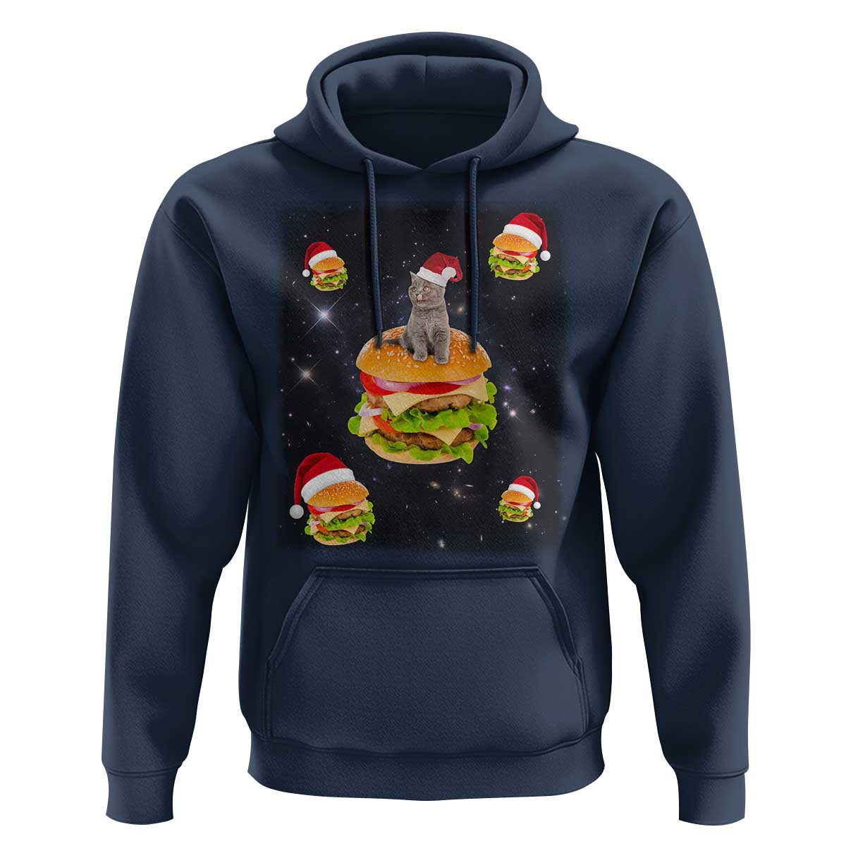 Funny Christmas Cat Hoodie Santa Cat Hamburger Lover Galaxy Outer Space