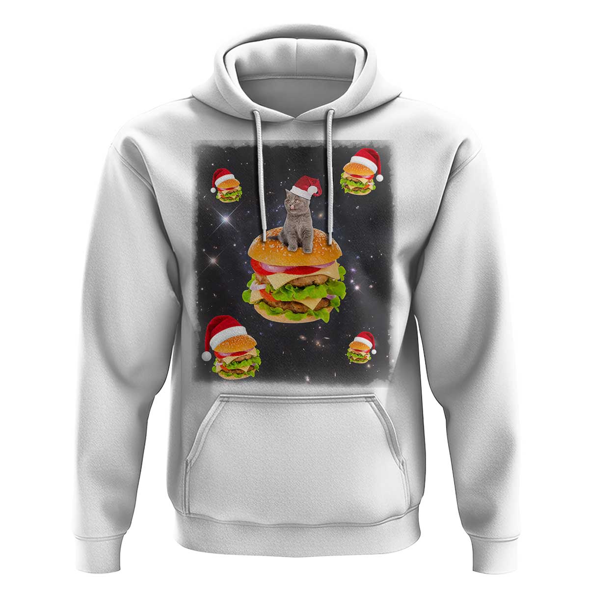 Funny Christmas Cat Hoodie Santa Cat Hamburger Lover Galaxy Outer Space