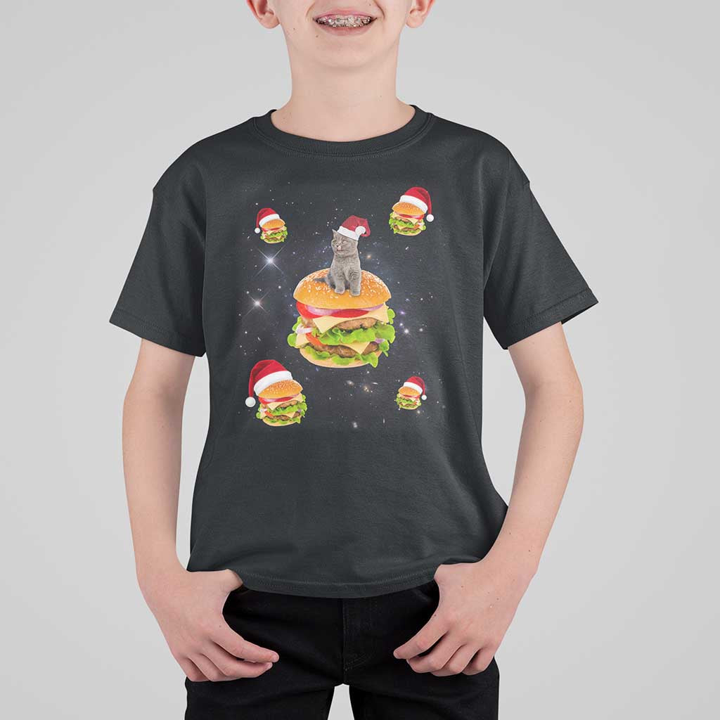 Funny Christmas Cat T Shirt For Kid Santa Cat Hamburger Lover Galaxy Outer Space - Wonder Print Shop