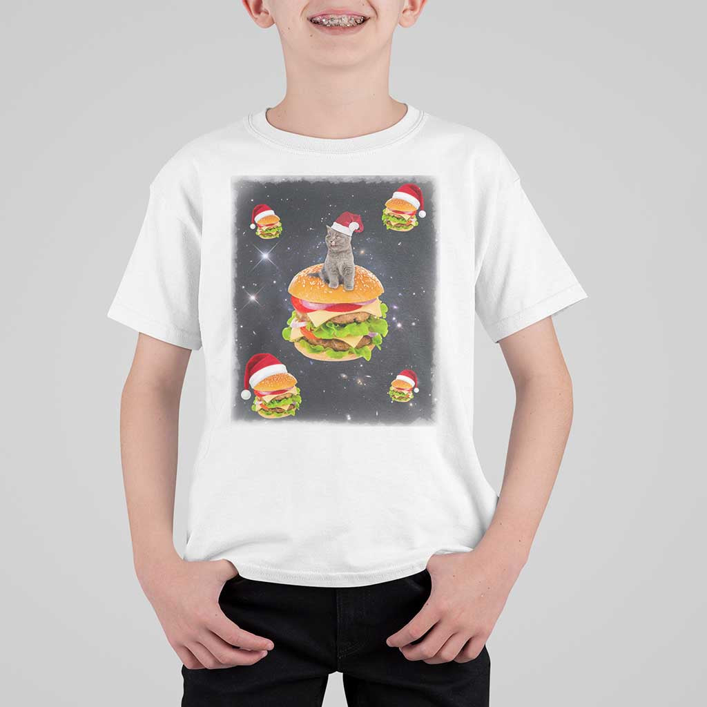 Funny Christmas Cat T Shirt For Kid Santa Cat Hamburger Lover Galaxy Outer Space - Wonder Print Shop