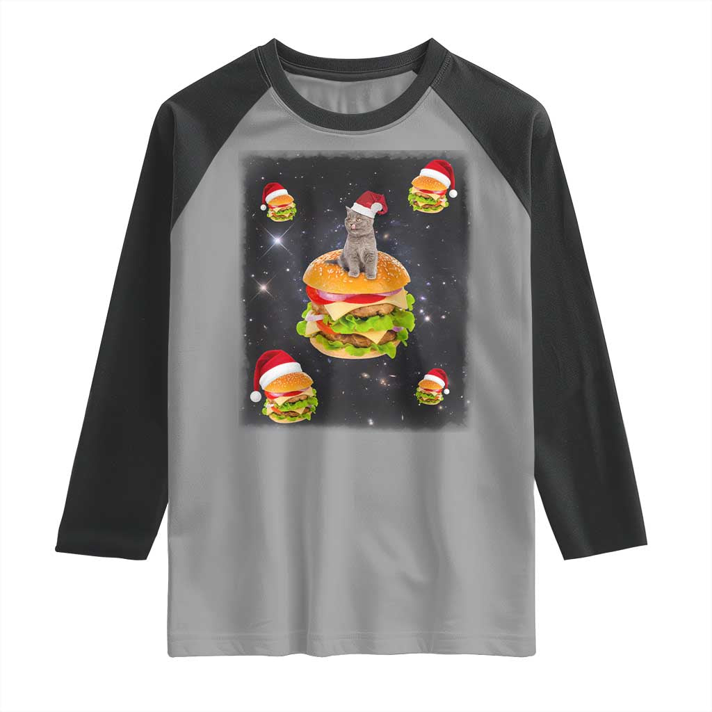 Funny Christmas Cat Raglan Shirt Santa Cat Hamburger Lover Galaxy Outer Space