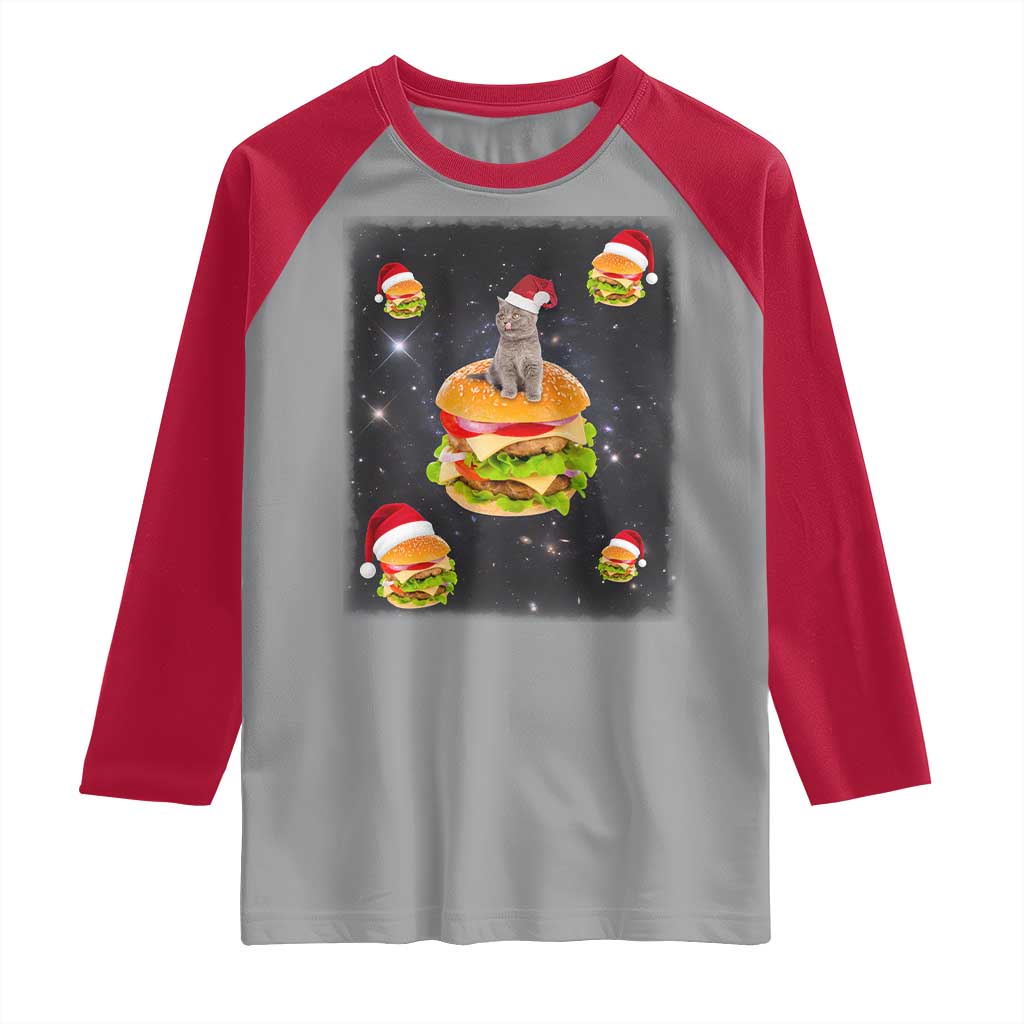 Funny Christmas Cat Raglan Shirt Santa Cat Hamburger Lover Galaxy Outer Space
