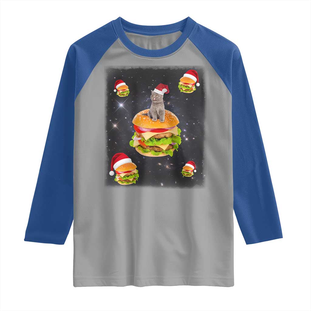 Funny Christmas Cat Raglan Shirt Santa Cat Hamburger Lover Galaxy Outer Space