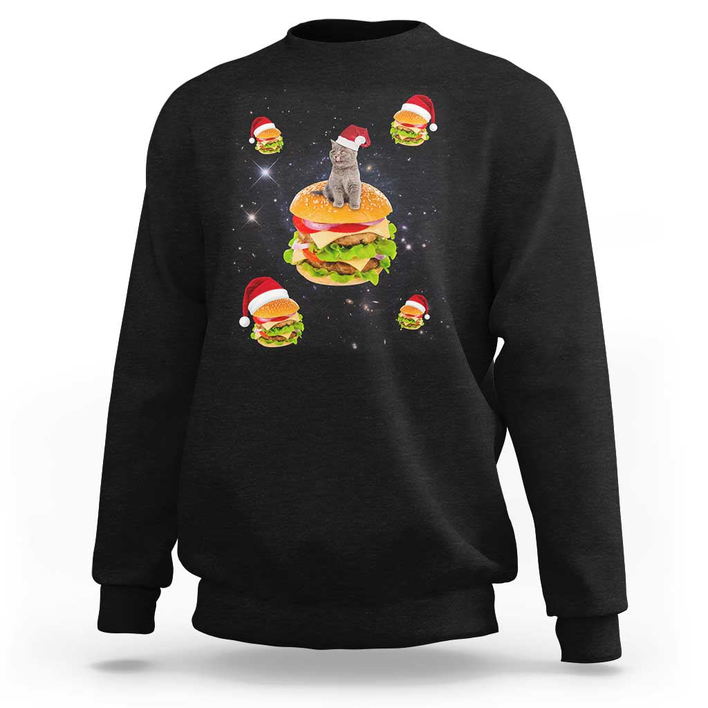 Funny Christmas Cat Sweatshirt Santa Cat Hamburger Lover Galaxy Outer Space - Wonder Print Shop
