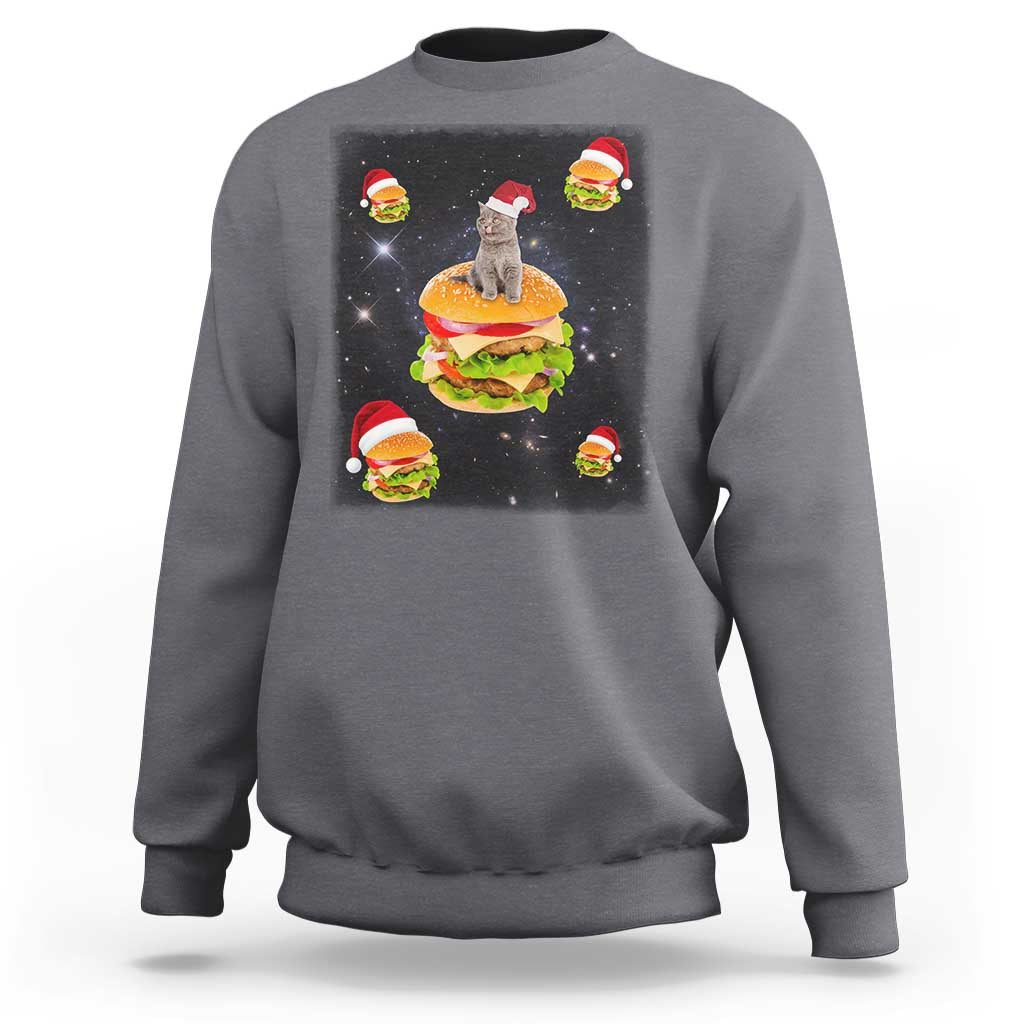 Funny Christmas Cat Sweatshirt Santa Cat Hamburger Lover Galaxy Outer Space - Wonder Print Shop