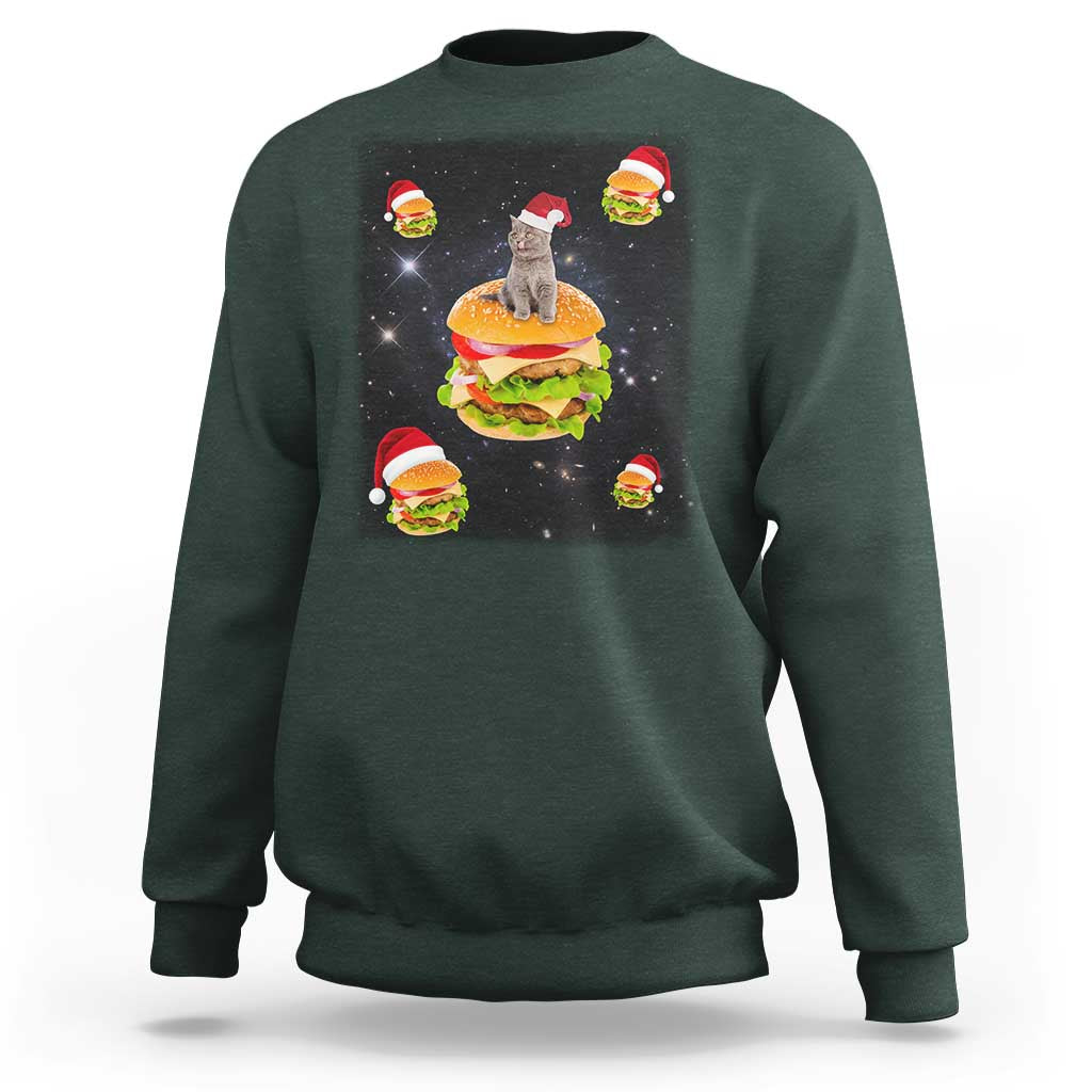 Funny Christmas Cat Sweatshirt Santa Cat Hamburger Lover Galaxy Outer Space - Wonder Print Shop