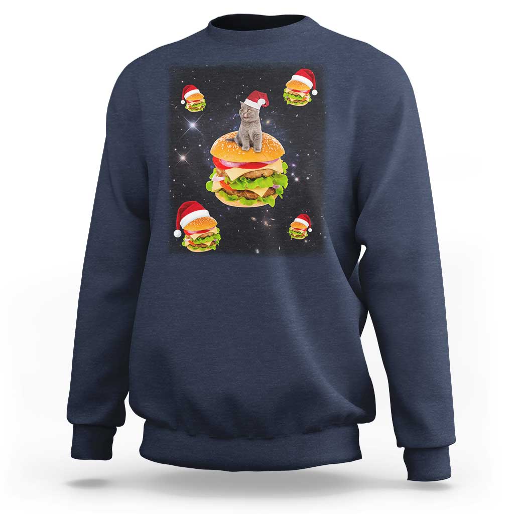 Funny Christmas Cat Sweatshirt Santa Cat Hamburger Lover Galaxy Outer Space - Wonder Print Shop