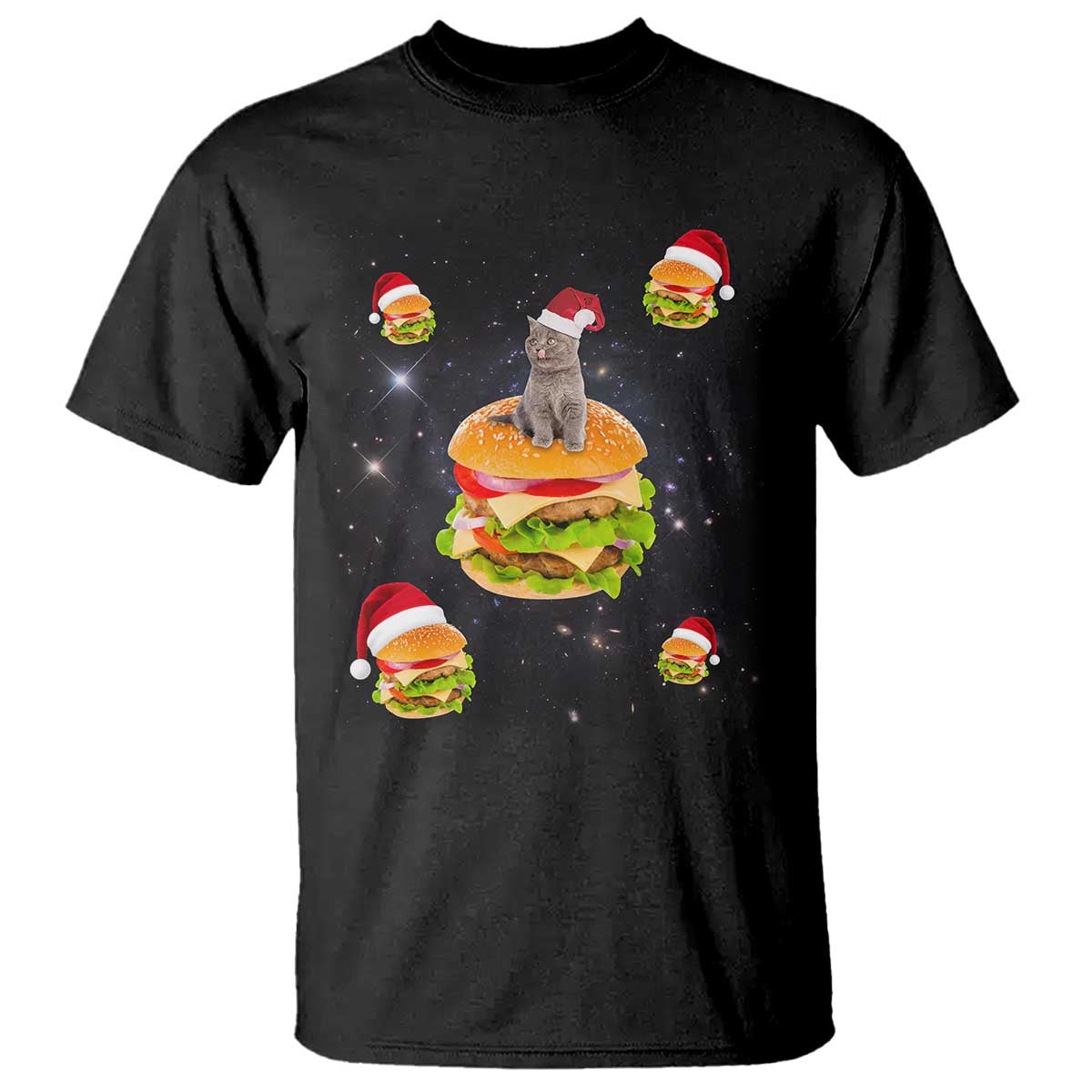 Funny Christmas Cat T Shirt Santa Cat Hamburger Lover Galaxy Outer Space - Wonder Print Shop