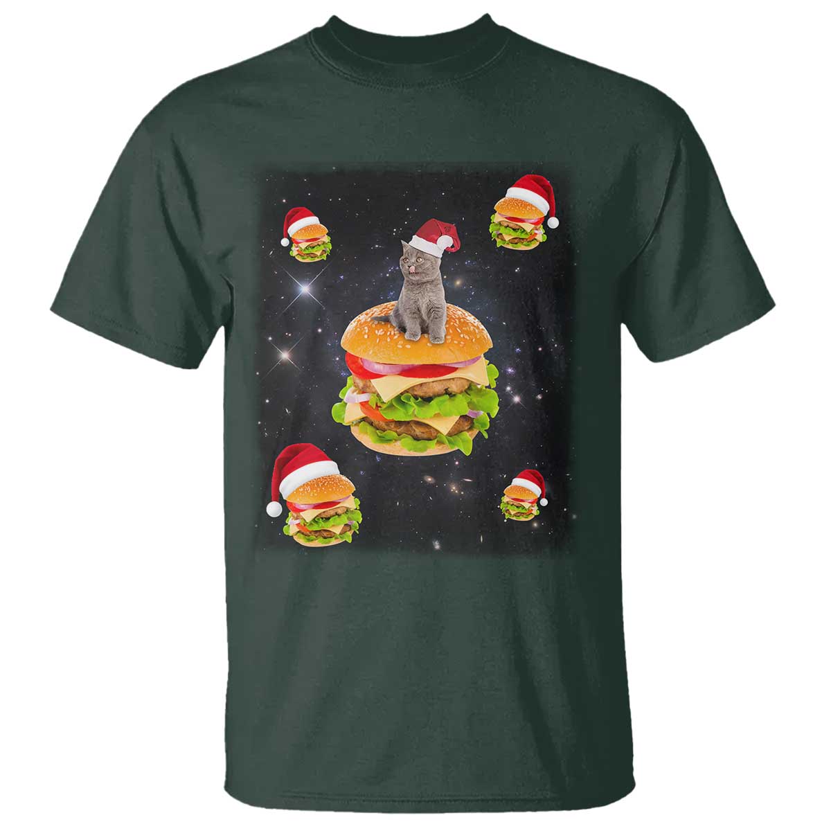 Funny Christmas Cat T Shirt Santa Cat Hamburger Lover Galaxy Outer Space - Wonder Print Shop
