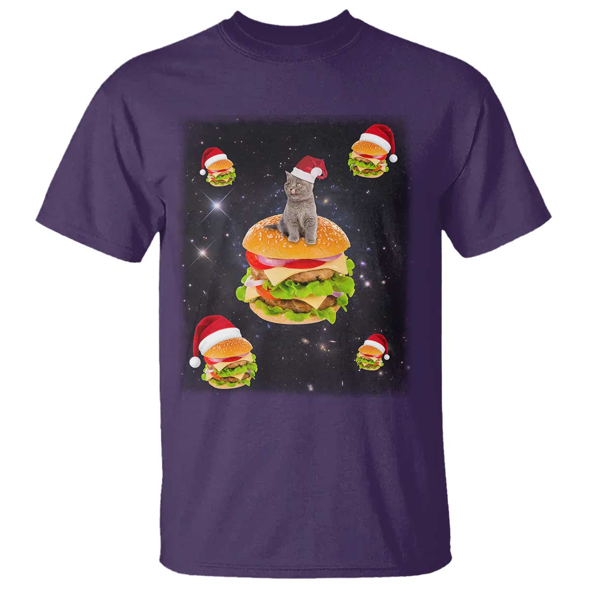 Funny Christmas Cat T Shirt Santa Cat Hamburger Lover Galaxy Outer Space - Wonder Print Shop