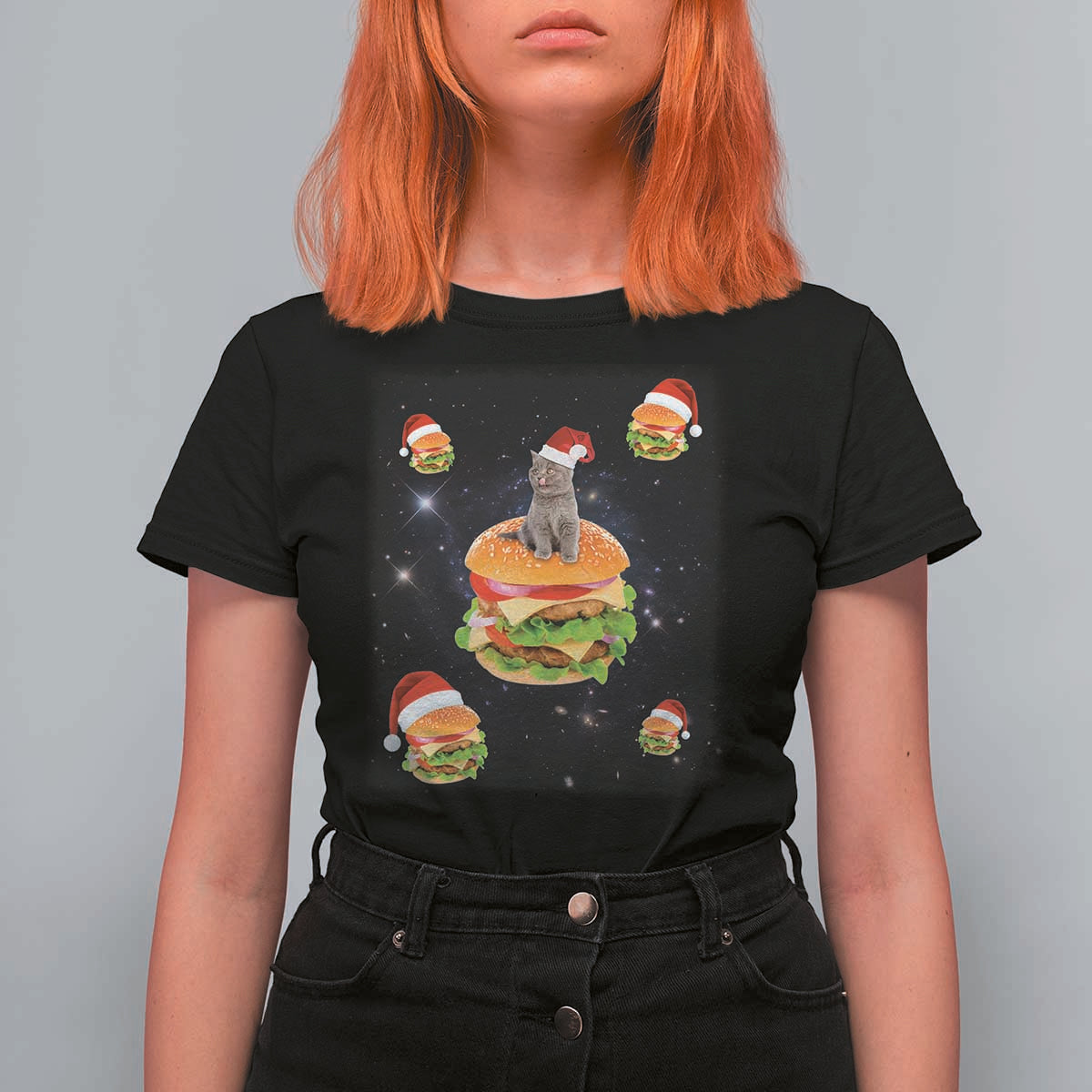 Funny Christmas Cat T Shirt For Women Santa Cat Hamburger Lover Galaxy Outer Space - Wonder Print Shop