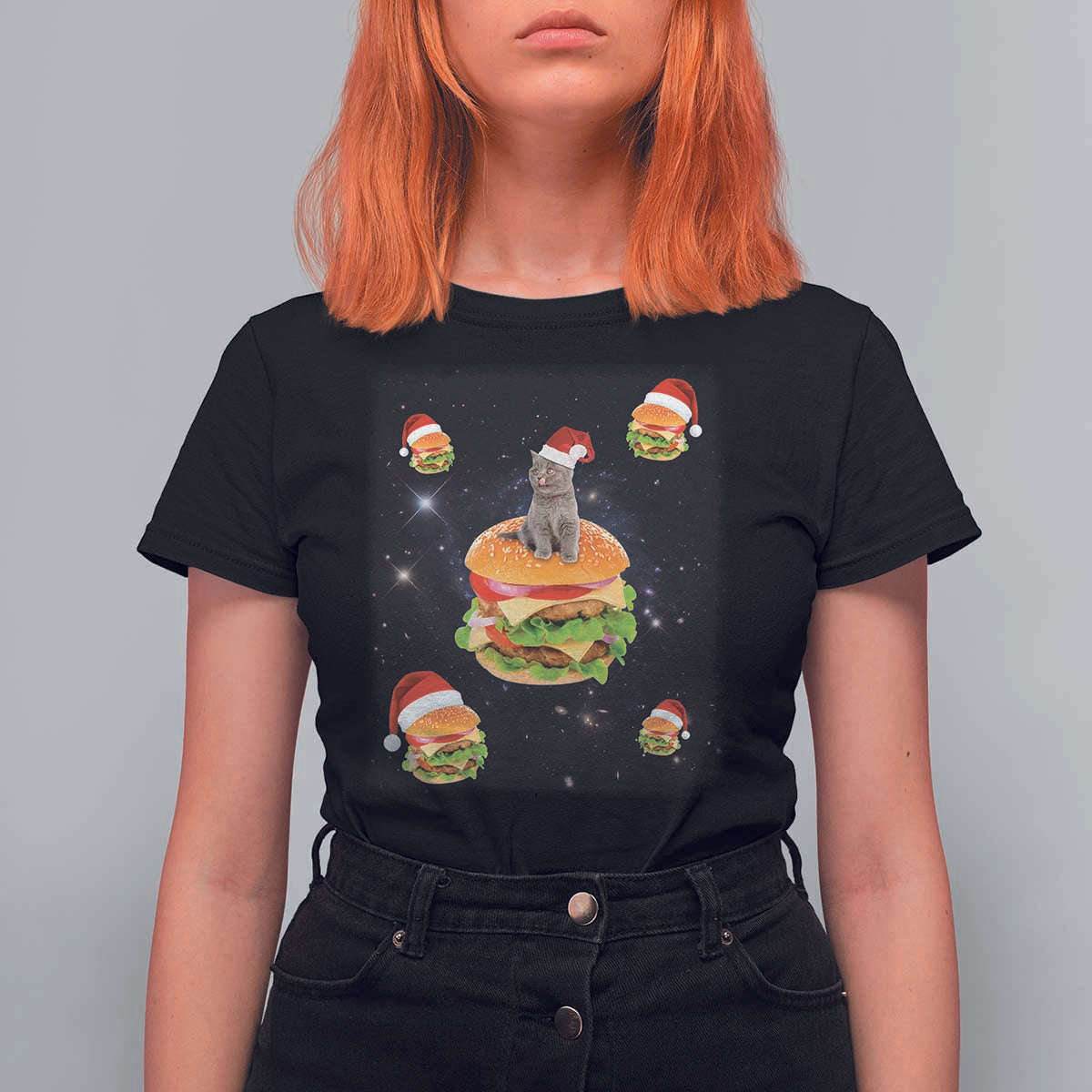 Funny Christmas Cat T Shirt For Women Santa Cat Hamburger Lover Galaxy Outer Space - Wonder Print Shop
