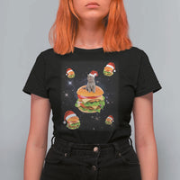 Funny Christmas Cat T Shirt For Women Santa Cat Hamburger Lover Galaxy Outer Space - Wonder Print Shop