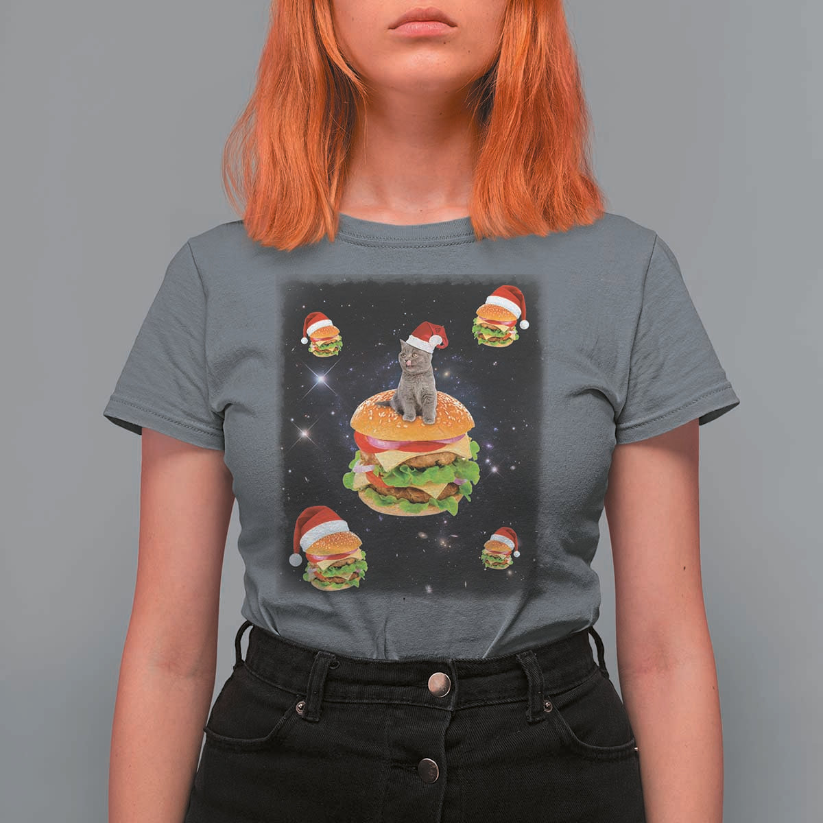 Funny Christmas Cat T Shirt For Women Santa Cat Hamburger Lover Galaxy Outer Space - Wonder Print Shop