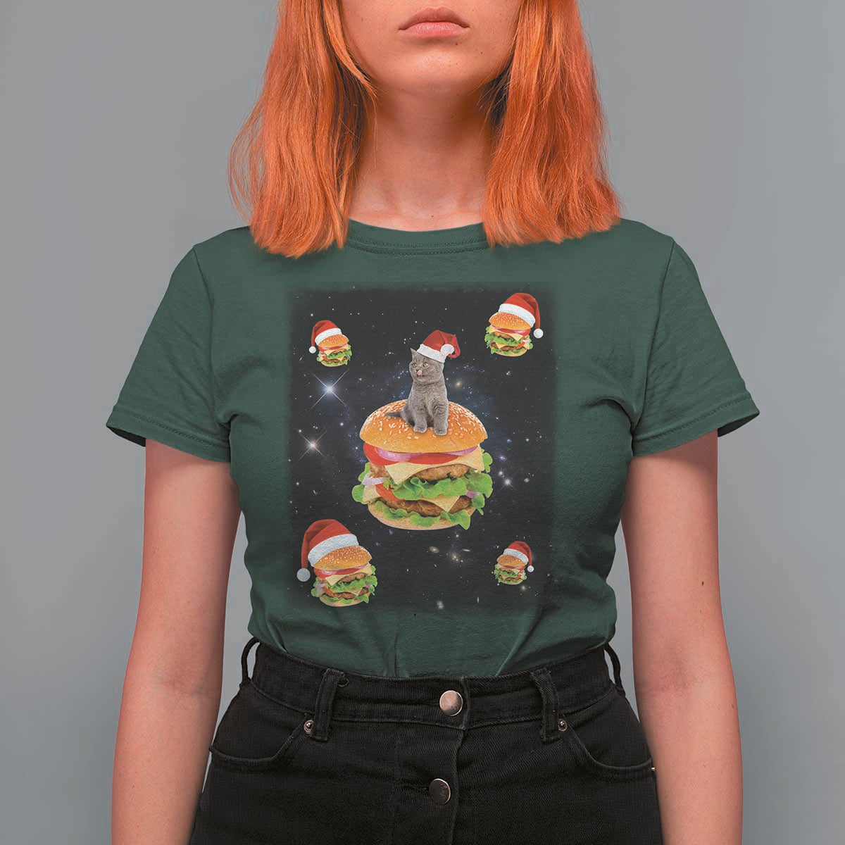 Funny Christmas Cat T Shirt For Women Santa Cat Hamburger Lover Galaxy Outer Space - Wonder Print Shop