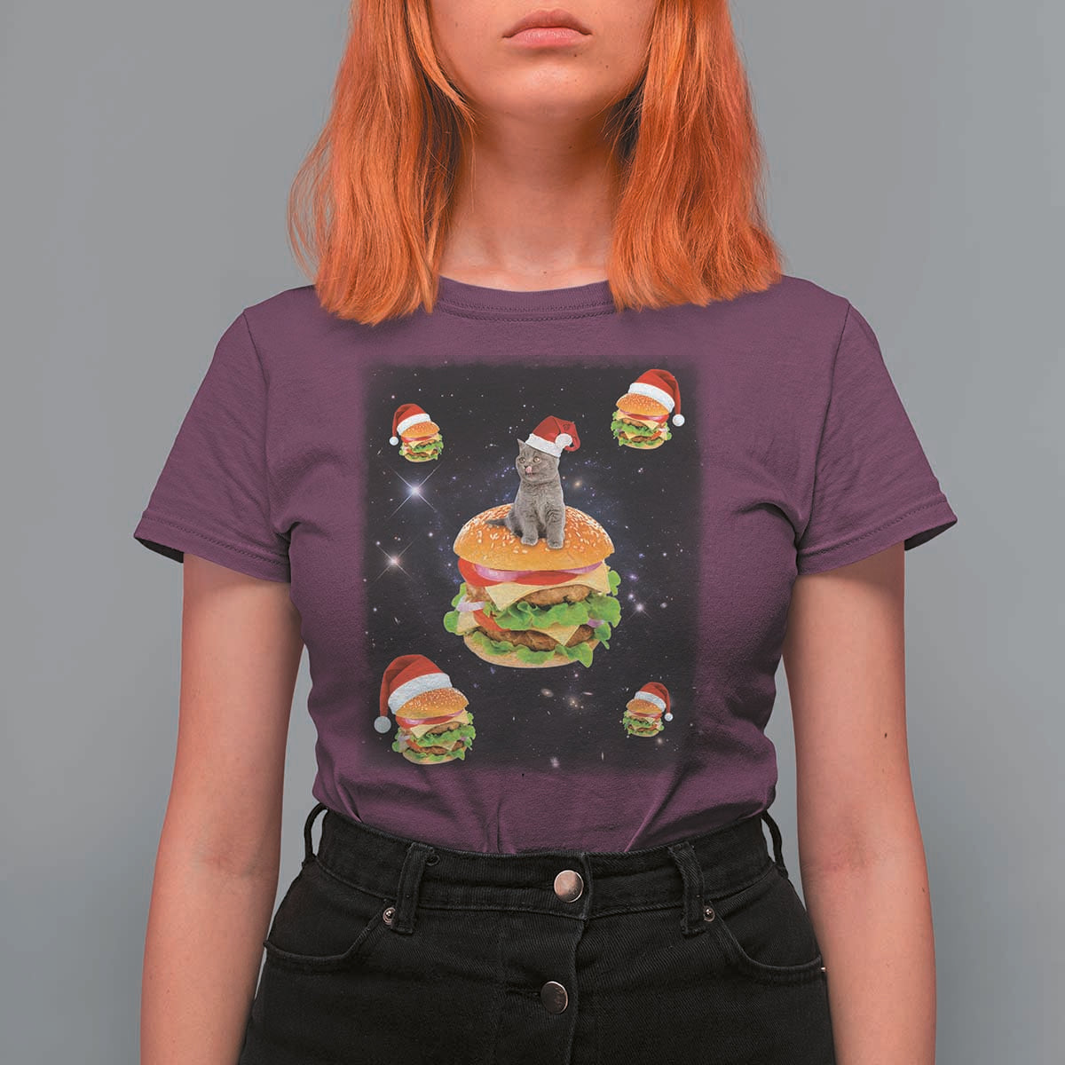 Funny Christmas Cat T Shirt For Women Santa Cat Hamburger Lover Galaxy Outer Space - Wonder Print Shop