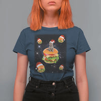 Funny Christmas Cat T Shirt For Women Santa Cat Hamburger Lover Galaxy Outer Space - Wonder Print Shop