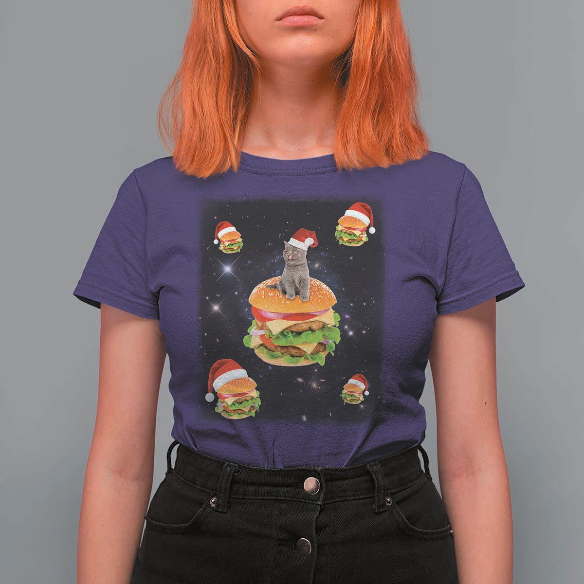 Funny Christmas Cat T Shirt For Women Santa Cat Hamburger Lover Galaxy Outer Space - Wonder Print Shop
