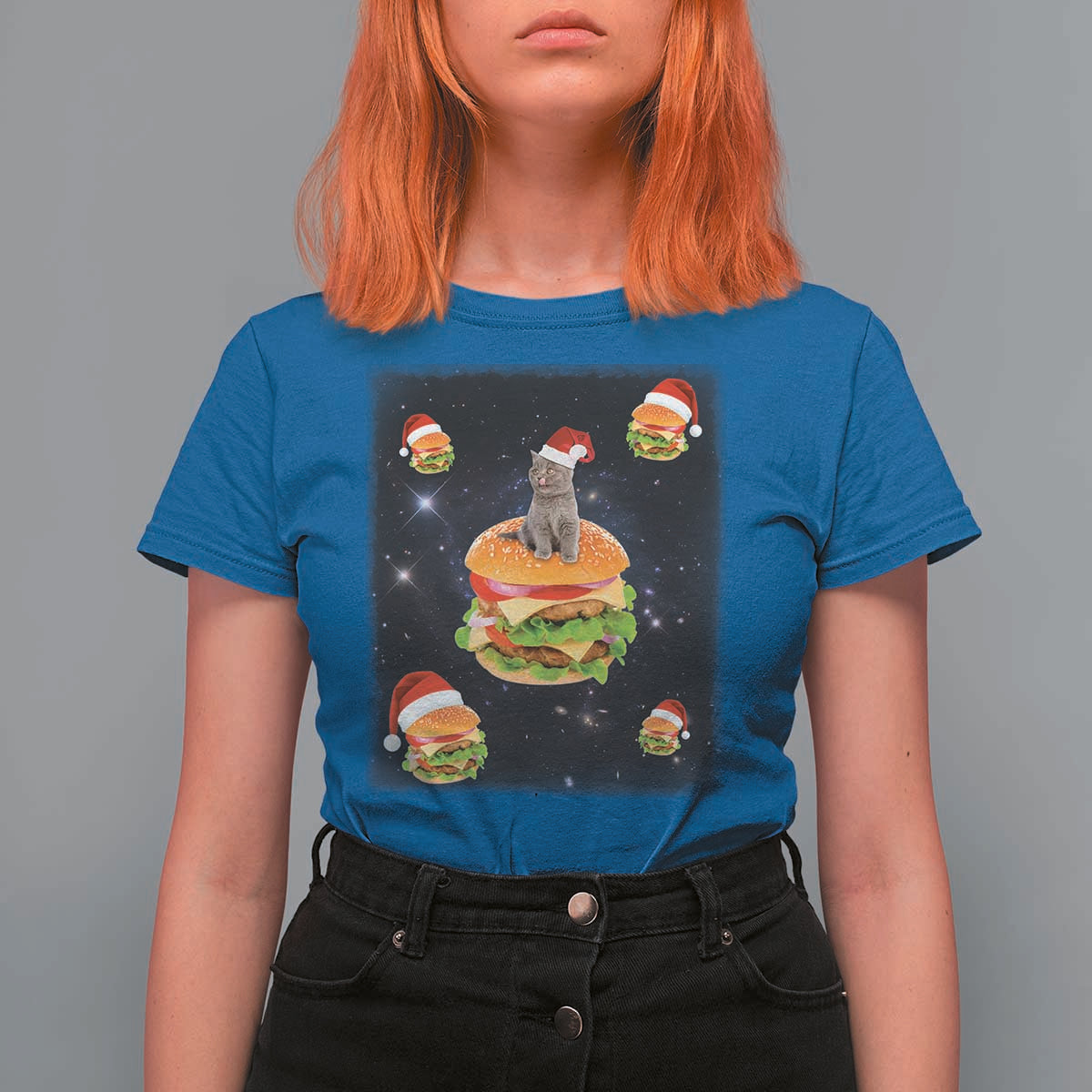 Funny Christmas Cat T Shirt For Women Santa Cat Hamburger Lover Galaxy Outer Space - Wonder Print Shop