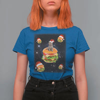 Funny Christmas Cat T Shirt For Women Santa Cat Hamburger Lover Galaxy Outer Space - Wonder Print Shop