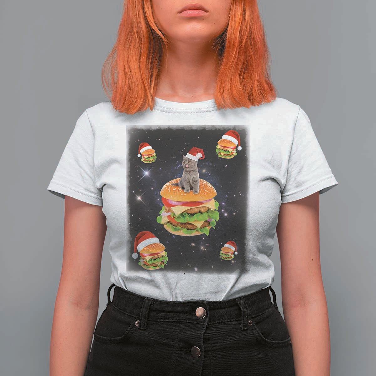 Funny Christmas Cat T Shirt For Women Santa Cat Hamburger Lover Galaxy Outer Space - Wonder Print Shop