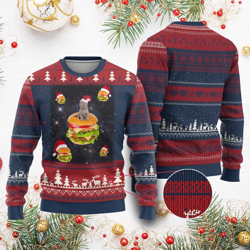 Funny Xmas Cat Ugly Christmas Sweater Santa Cat Hamburger Lover Galaxy Outer Space - Wonder Print Shop
