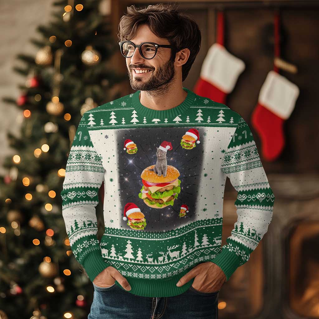 Funny Xmas Cat Ugly Christmas Sweater Santa Cat Hamburger Lover Galaxy Outer Space - Wonder Print Shop