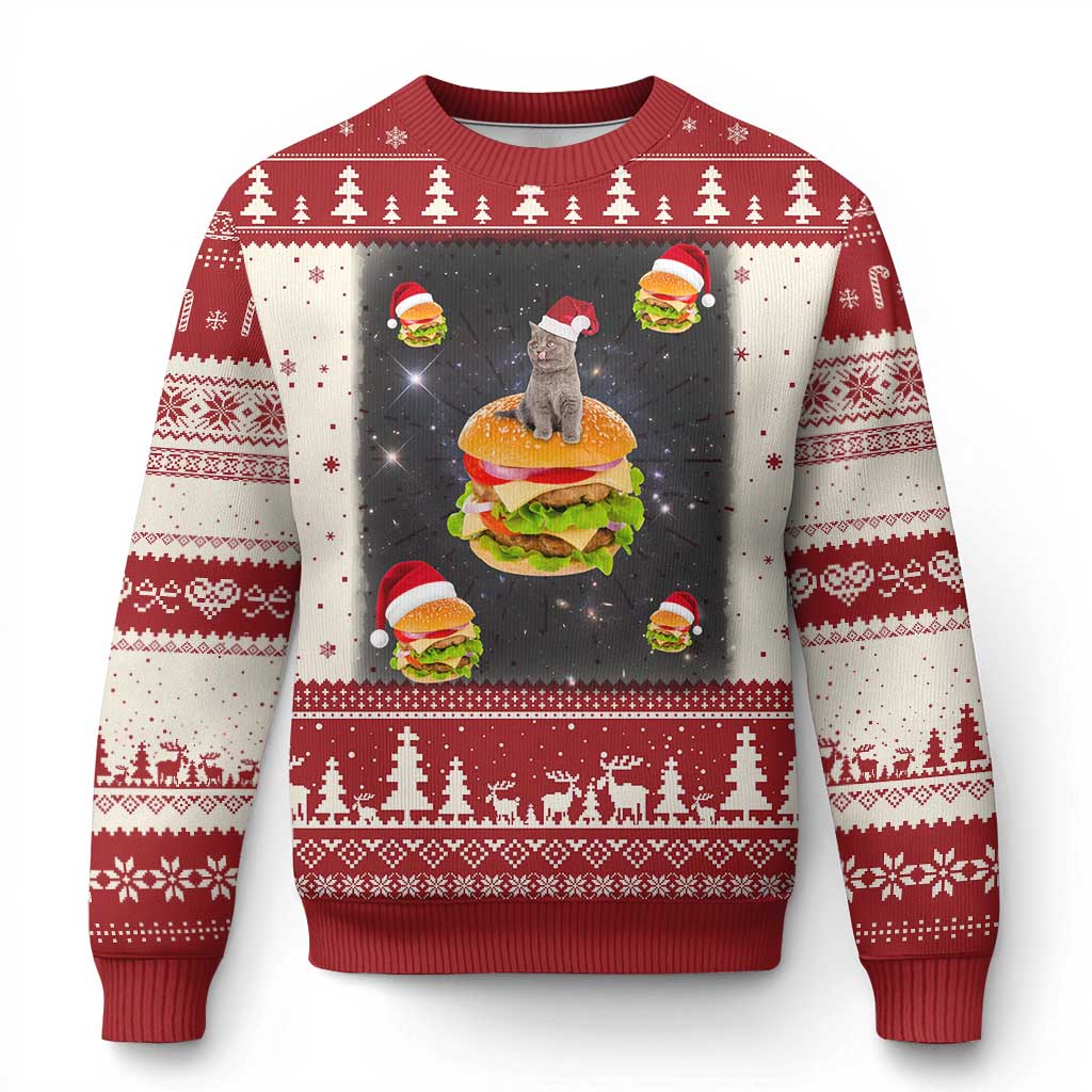Funny Xmas Cat Ugly Christmas Sweater Santa Cat Hamburger Lover Galaxy Outer Space - Wonder Print Shop