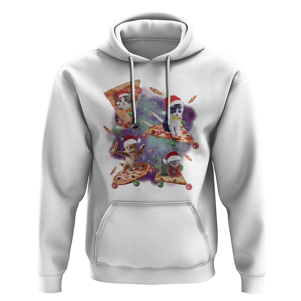 Funny Christmas Cat Hoodie Santa Cat Riding Pizza Galaxy Outer Space