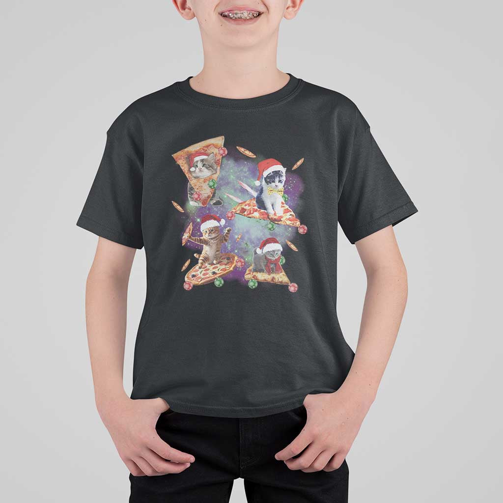 Funny Christmas Cat T Shirt For Kid Santa Cat Riding Pizza Galaxy Outer Space - Wonder Print Shop