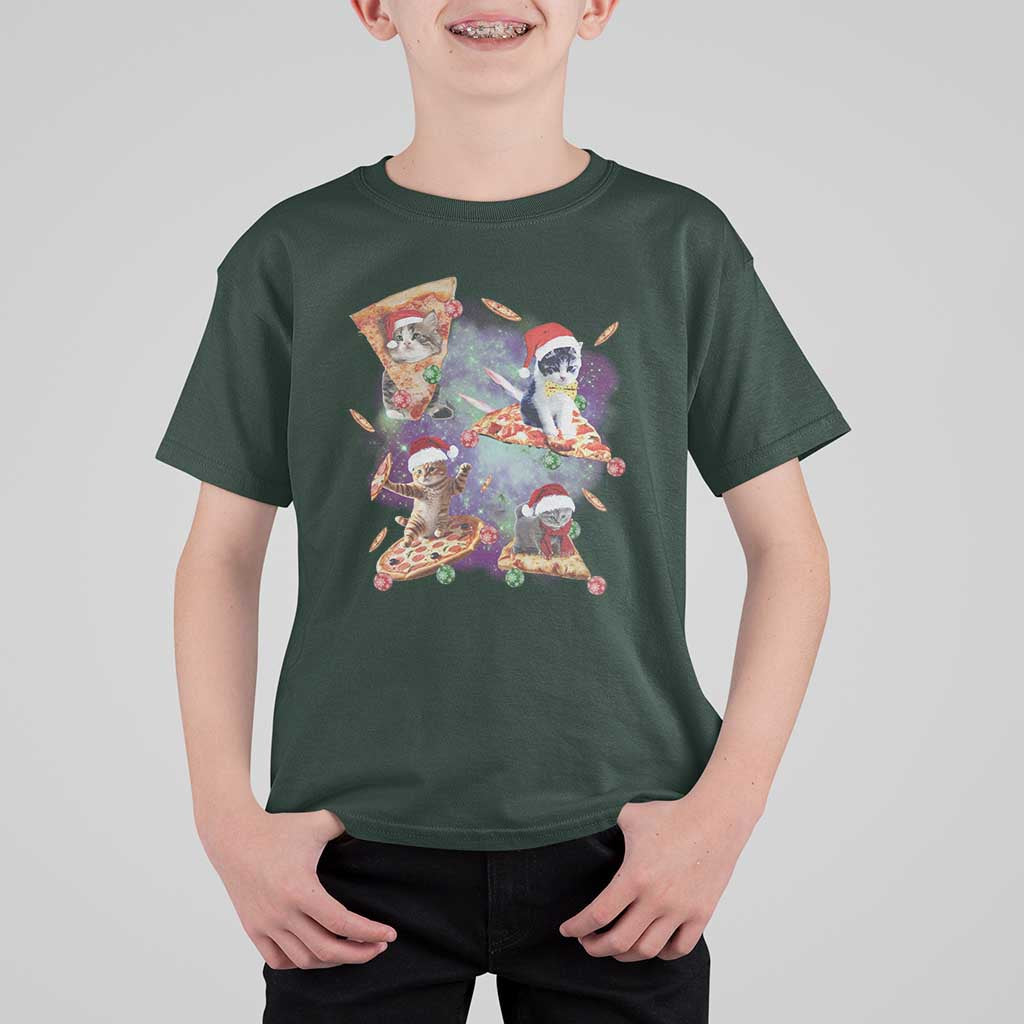 Funny Christmas Cat T Shirt For Kid Santa Cat Riding Pizza Galaxy Outer Space - Wonder Print Shop