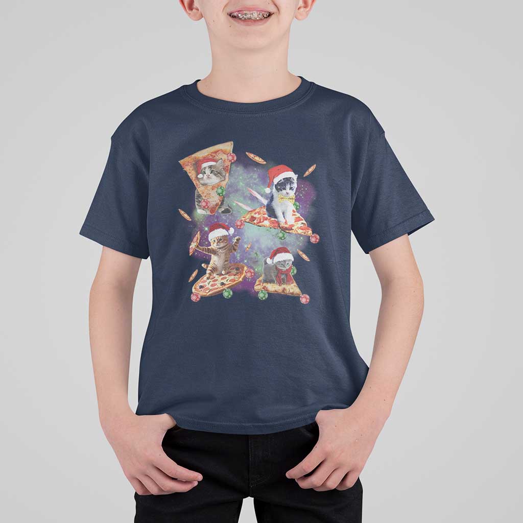 Funny Christmas Cat T Shirt For Kid Santa Cat Riding Pizza Galaxy Outer Space - Wonder Print Shop