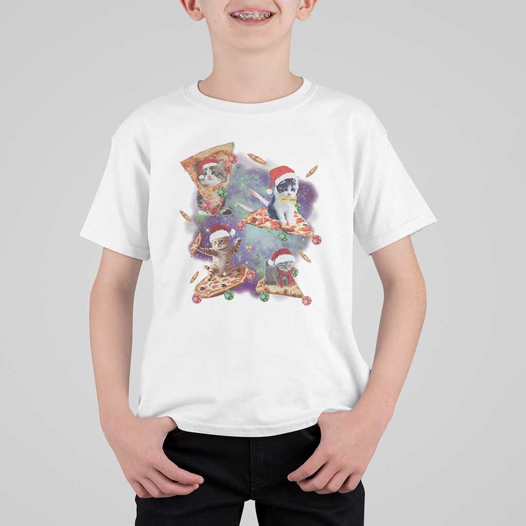 Funny Christmas Cat T Shirt For Kid Santa Cat Riding Pizza Galaxy Outer Space - Wonder Print Shop