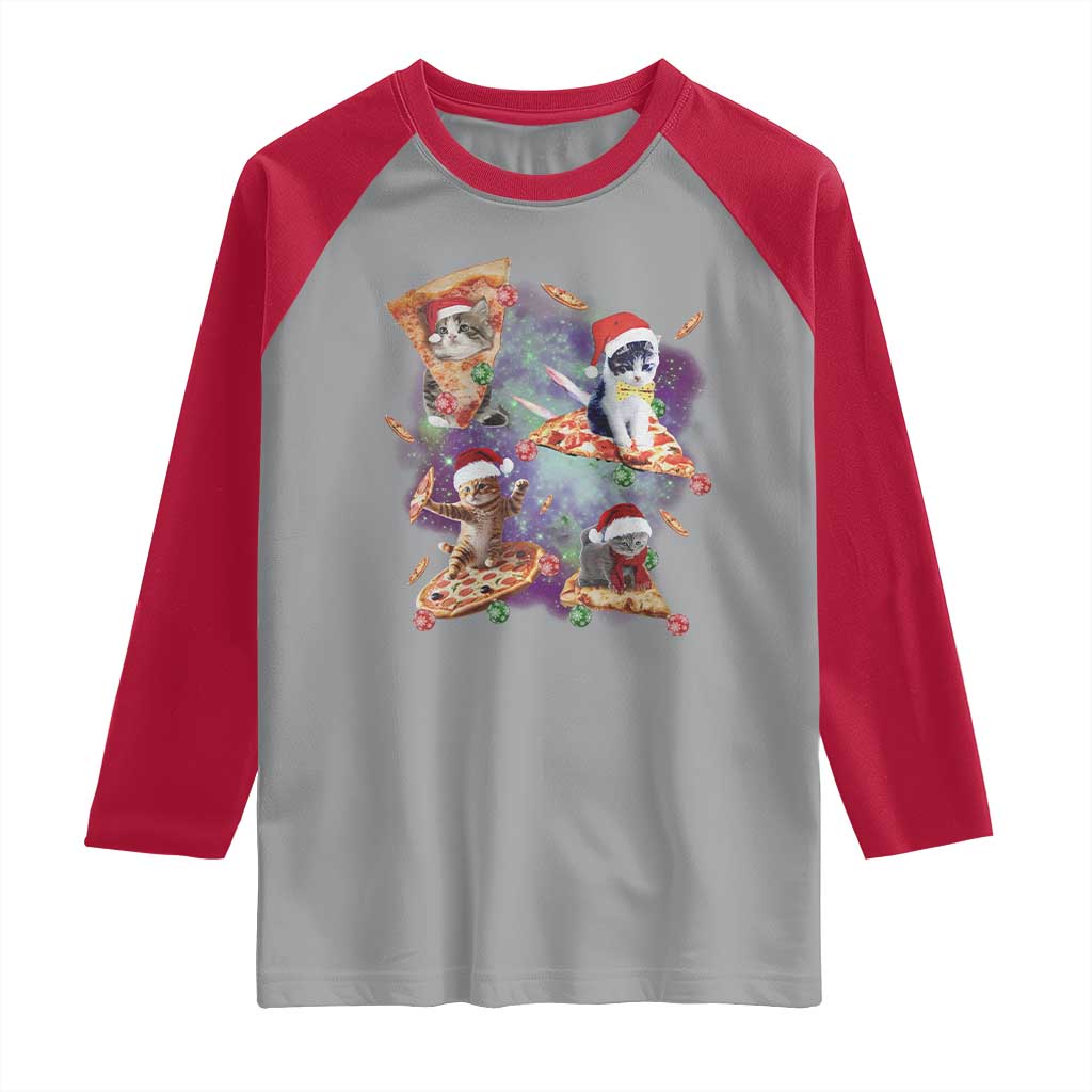 Funny Christmas Cat Raglan Shirt Santa Cat Riding Pizza Galaxy Outer Space