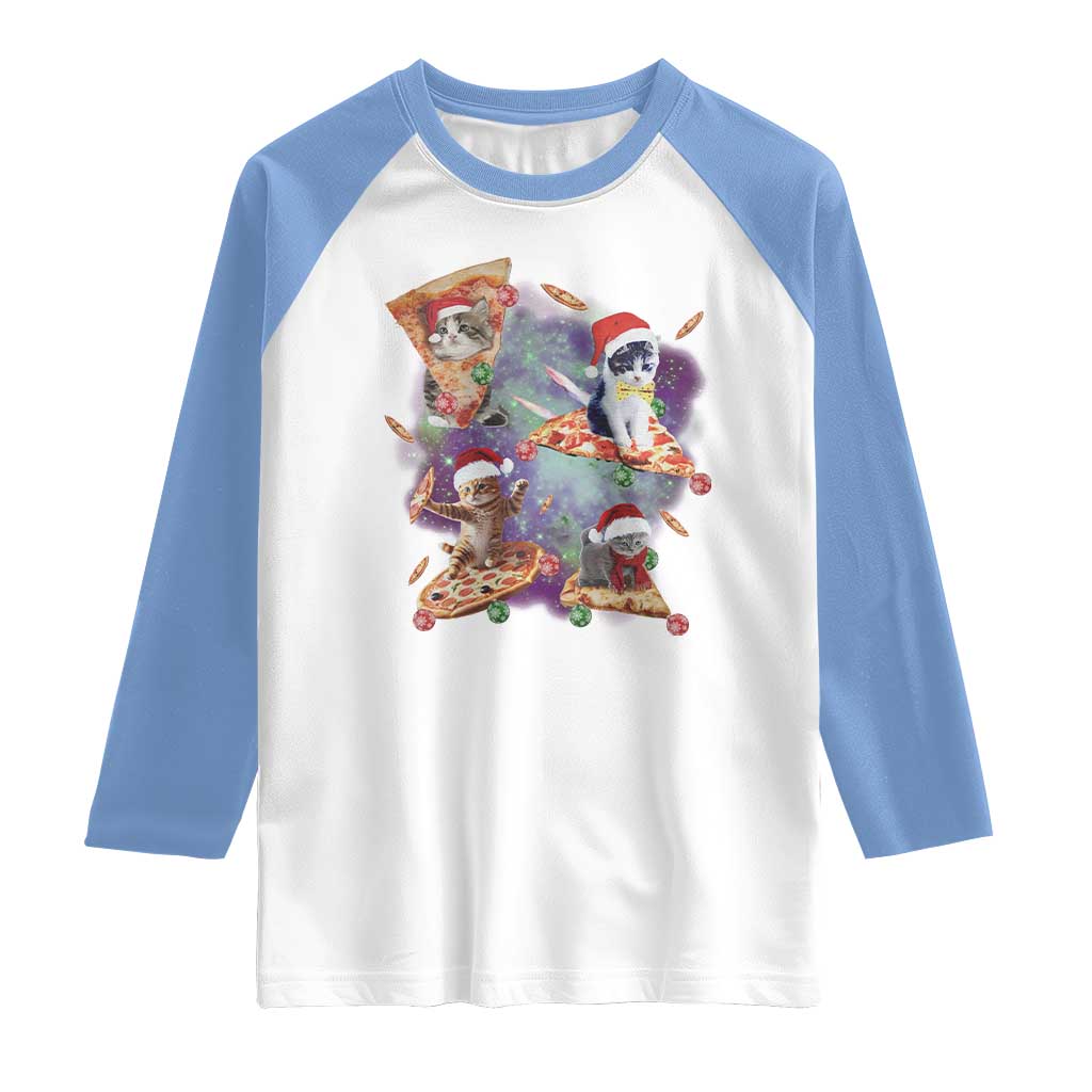 Funny Christmas Cat Raglan Shirt Santa Cat Riding Pizza Galaxy Outer Space