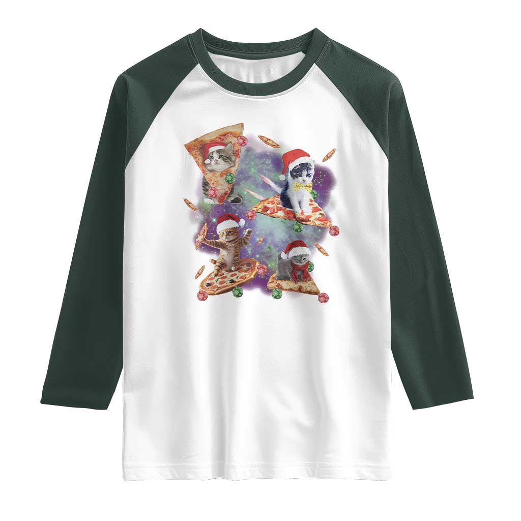 Funny Christmas Cat Raglan Shirt Santa Cat Riding Pizza Galaxy Outer Space