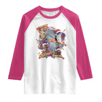 Funny Christmas Cat Raglan Shirt Santa Cat Riding Pizza Galaxy Outer Space