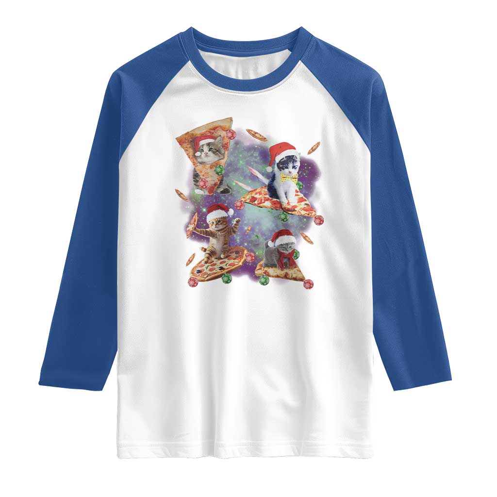 Funny Christmas Cat Raglan Shirt Santa Cat Riding Pizza Galaxy Outer Space