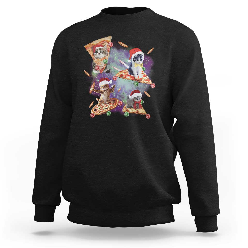 Funny Christmas Cat Sweatshirt Santa Cat Riding Pizza Galaxy Outer Space - Wonder Print Shop