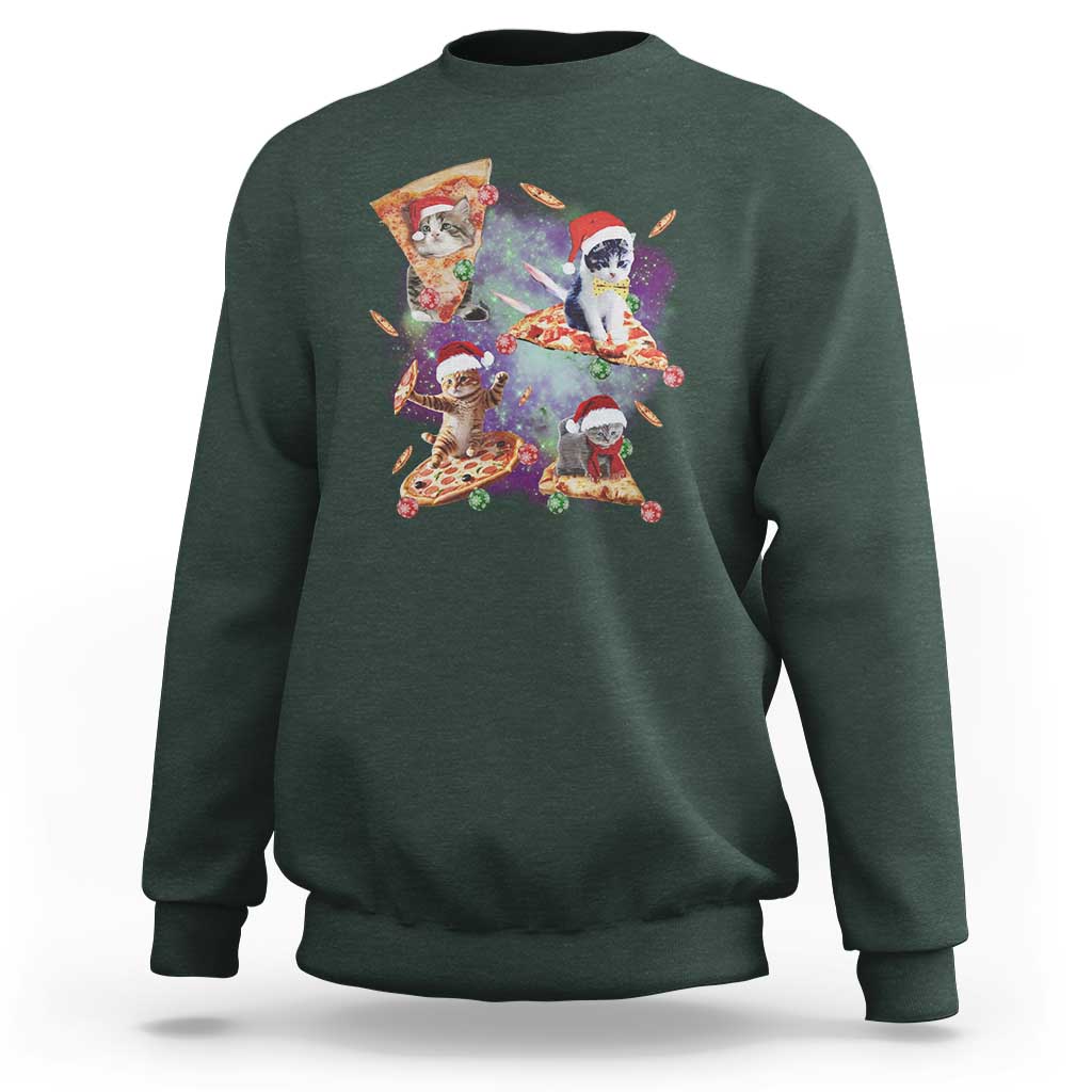 Funny Christmas Cat Sweatshirt Santa Cat Riding Pizza Galaxy Outer Space - Wonder Print Shop