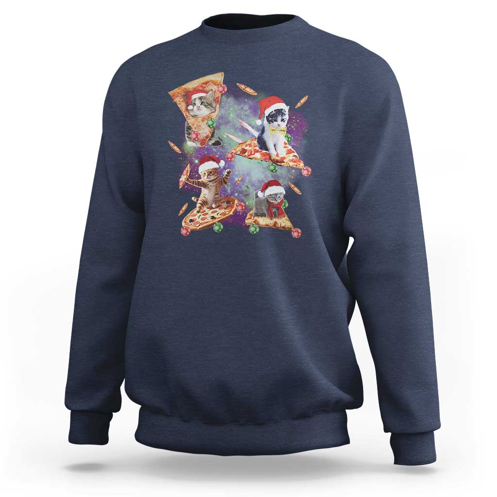 Funny Christmas Cat Sweatshirt Santa Cat Riding Pizza Galaxy Outer Space - Wonder Print Shop