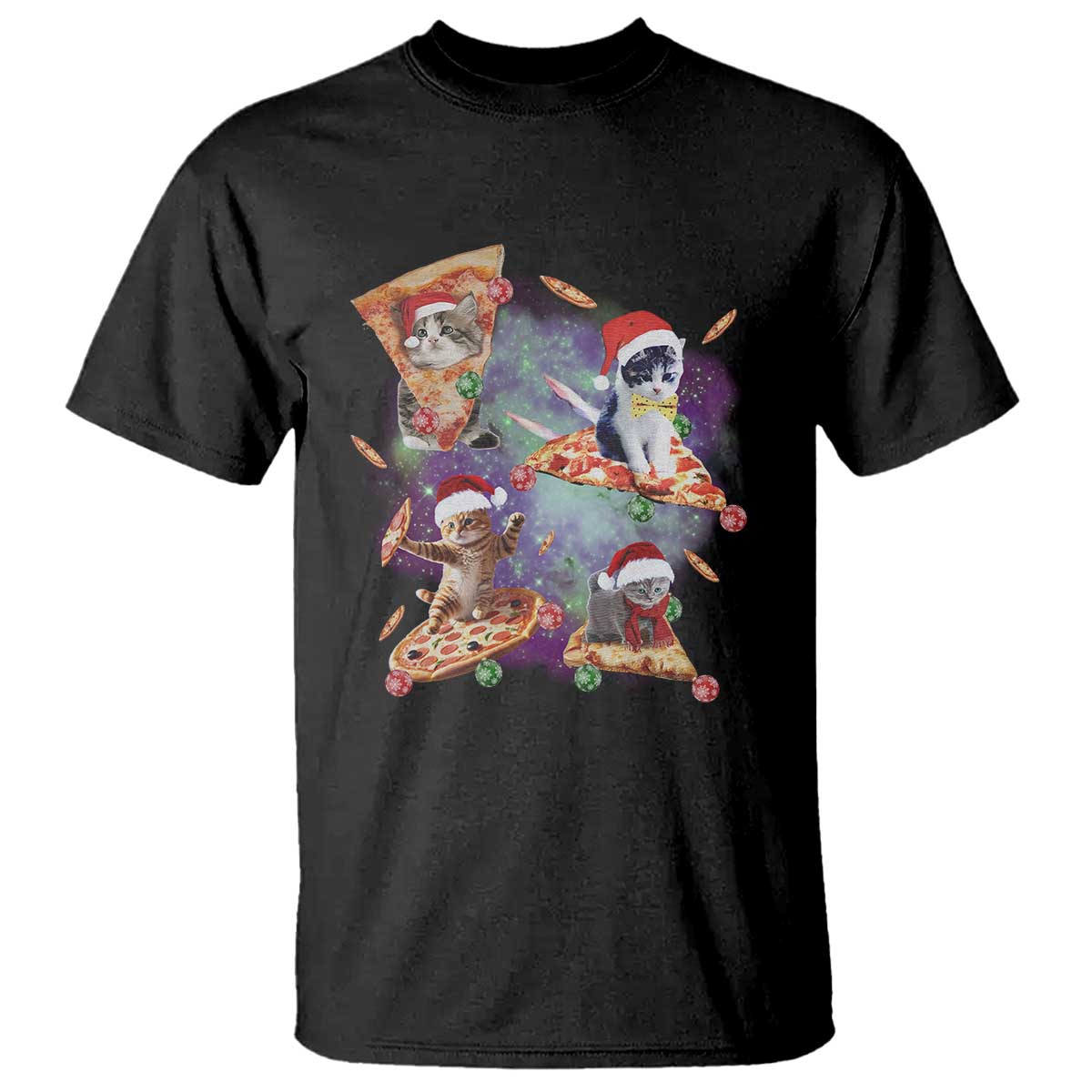 Funny Christmas Cat T Shirt Santa Cat Riding Pizza Galaxy Outer Space - Wonder Print Shop